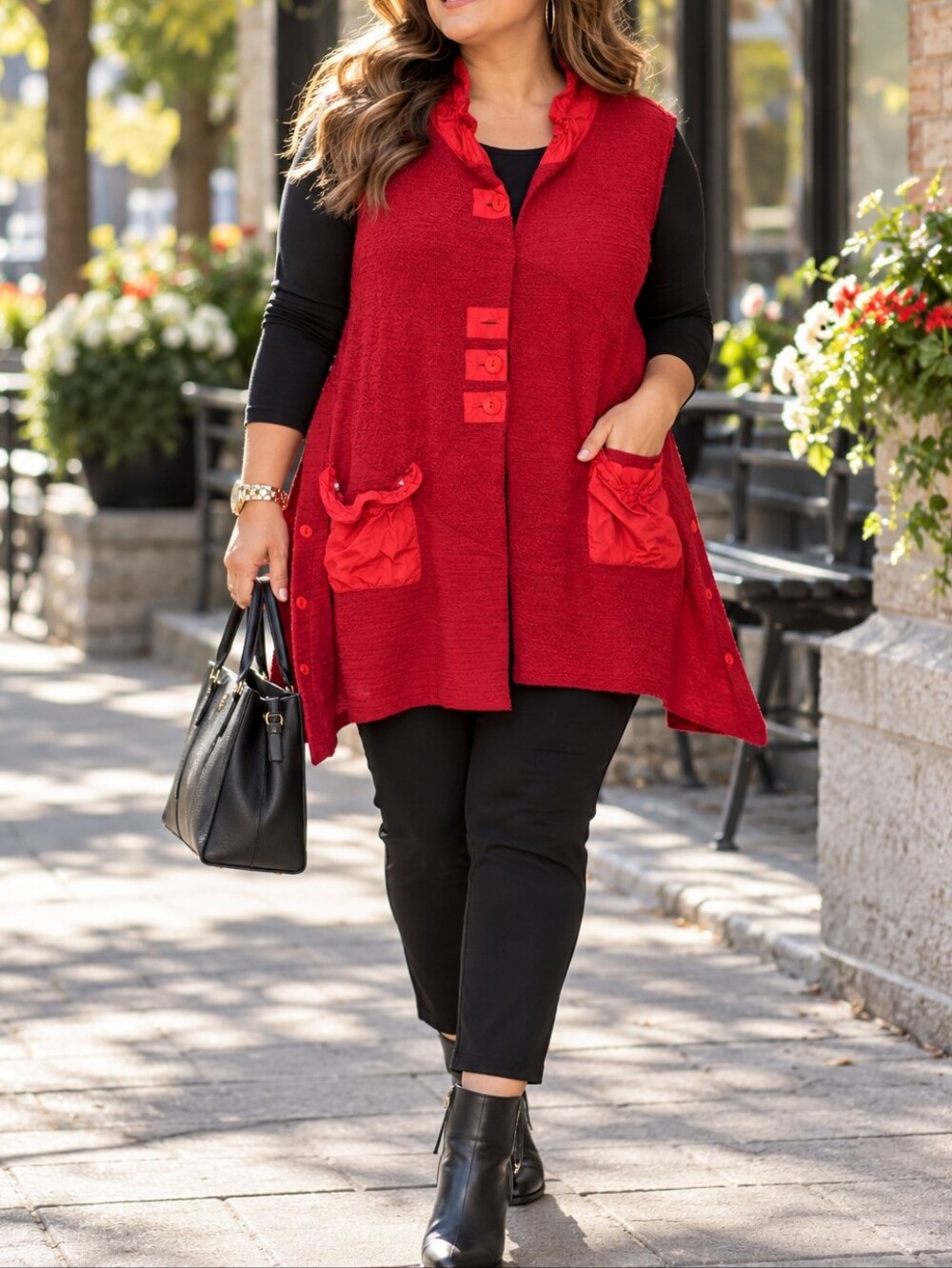 Ever Sassy Red Sleeveless Button Front Knit Tunic Vest Ruched Pockets Casual